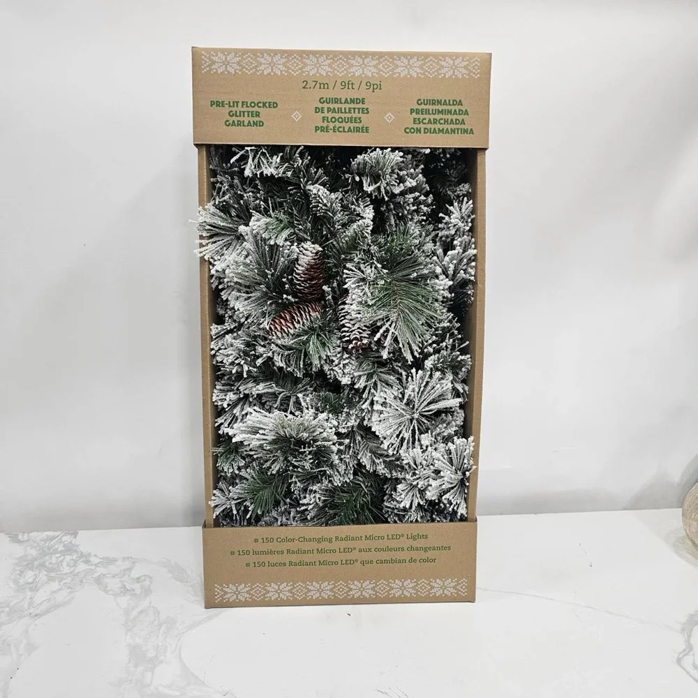 Pre-Lit Snow Flocked Glitter Garland 9ft Christmas Decor New
